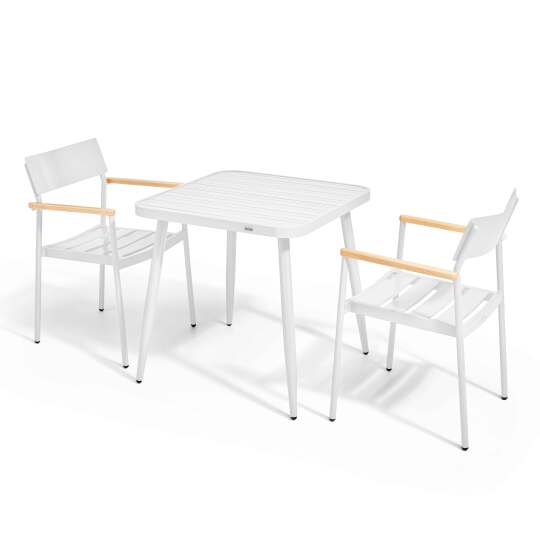 Quadratischer Gartentisch aus Aluminium, 75x75 cm, und 2 Stühle aus Holz, mit Armlehnen | Oviala