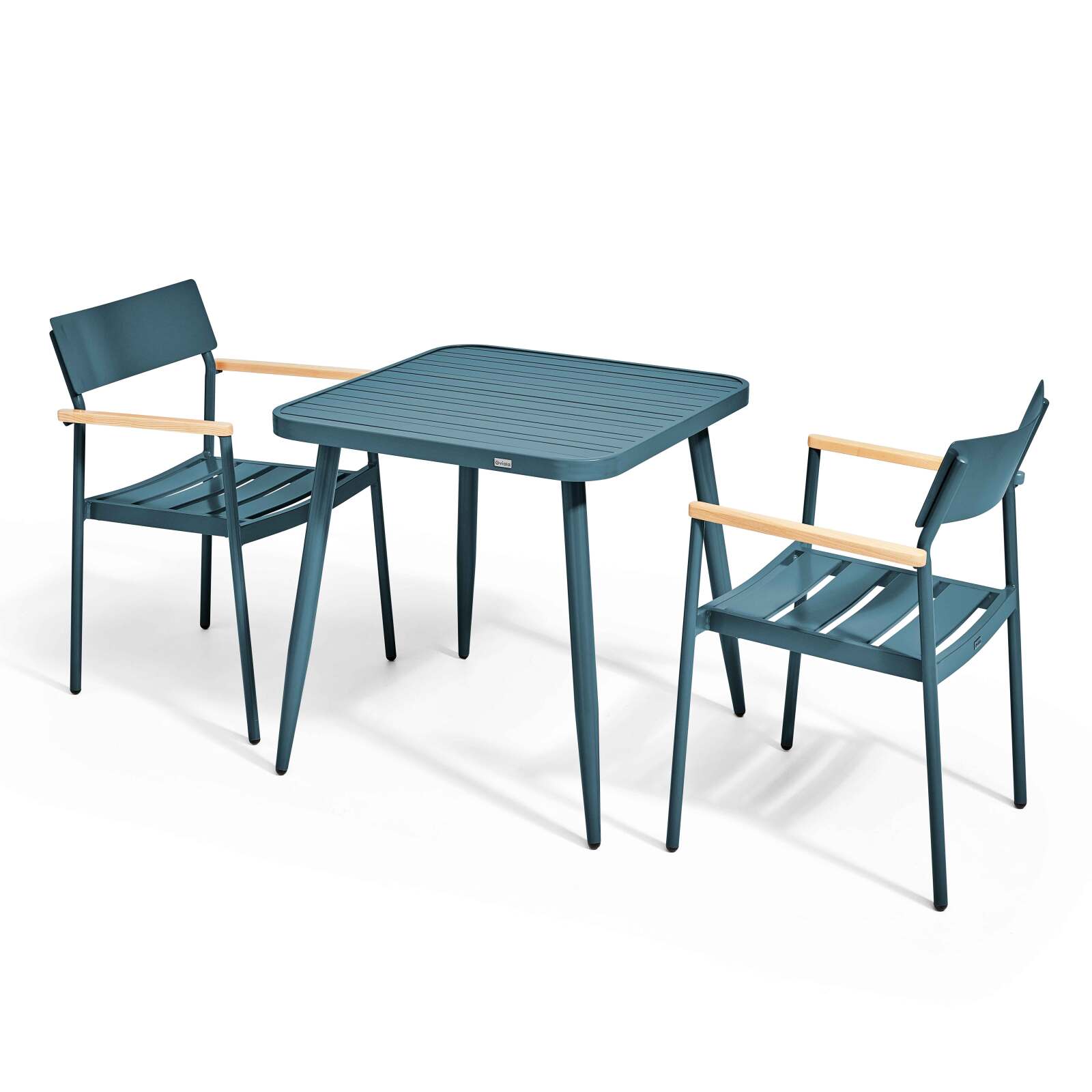 Quadratischer Gartentisch 75 x 75 cm und 2 Stühle mit Armlehnen aus Aluminium und Holz 