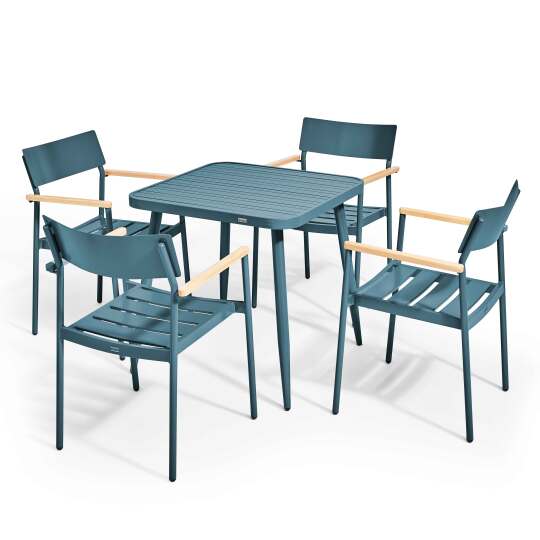 Quadratischer Gartentisch aus Aluminium, 75x75 cm, und 4 Stühle aus Holz, mit Armlehnen | Oviala