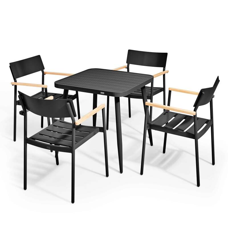 Quadratischer Gartentisch 75 x 75 x 76 cm und 4 Stühle mit Armlehnen aus Aluminium und Holz 