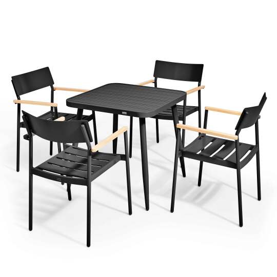Quadratischer Gartentisch 75 x 75 x 76 cm und 4 Stühle mit Armlehnen aus Aluminium und Holz