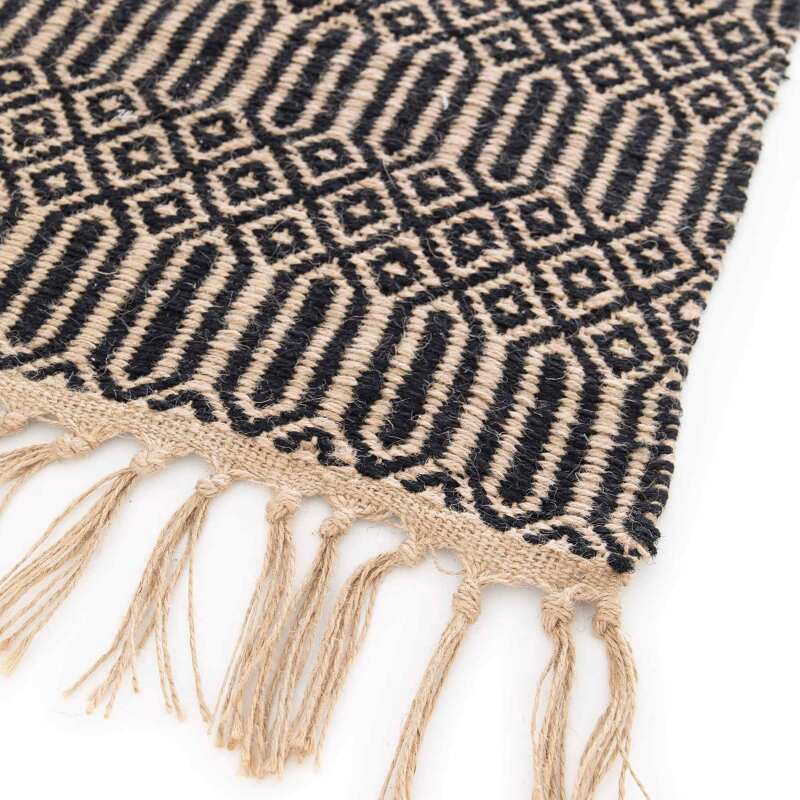 Rechteckiger Teppich mit Fransen aus naturbelassenem handgewebtem Jutefasern mit kurzem Flor 