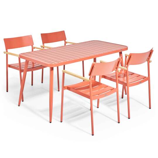 Rechteckiger Gartentisch 150 x 75 cm mit 4 Stühlen mit Armlehnen aus Aluminium und Holz