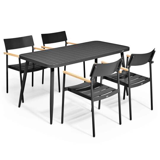 Rechteckiger Gartentisch 150 x 75 cm mit 4 Stühlen mit Armlehnen aus Aluminium und Holz