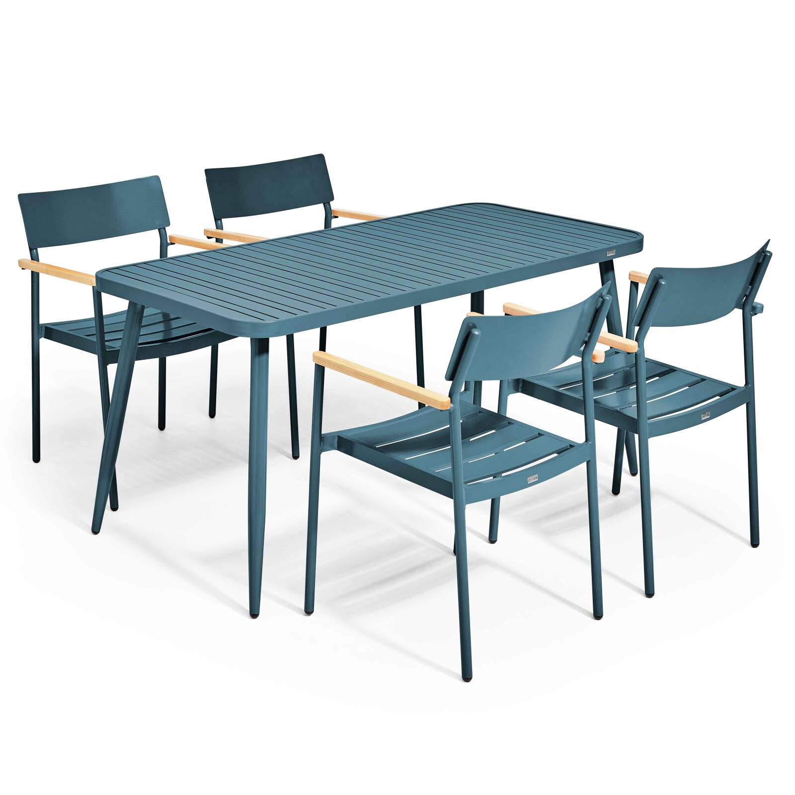 Rechteckiger Gartentisch 150 x 75 cm mit 4 Stühlen mit Armlehnen aus Aluminium und Holz 