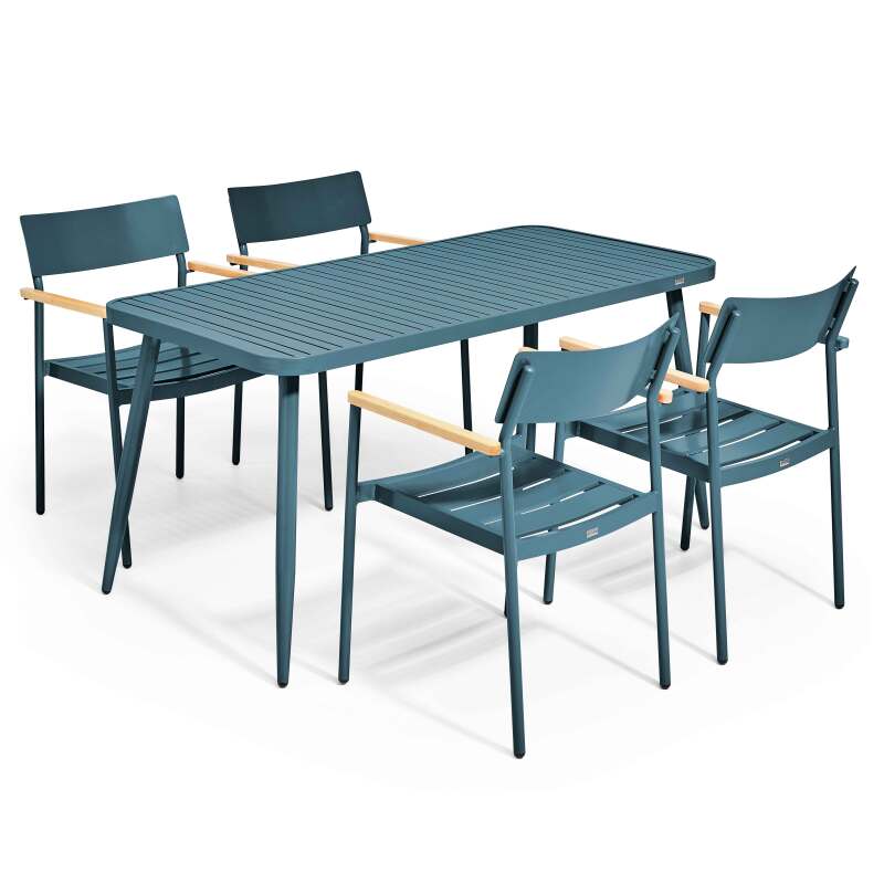 Rechteckiger Gartentisch 150 x 75 cm mit 4 Stühlen mit Armlehnen aus Aluminium und Holz 