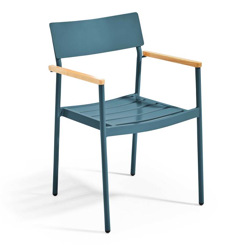 Rechteckiger Gartentisch 150 x 75 cm mit 4 Stühlen mit Armlehnen aus Aluminium und Holz  (4/7)