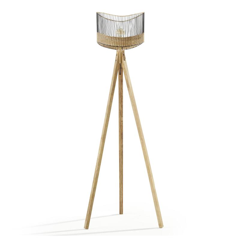 Stehlampe aus massivem Mangoholz und Rattan 
