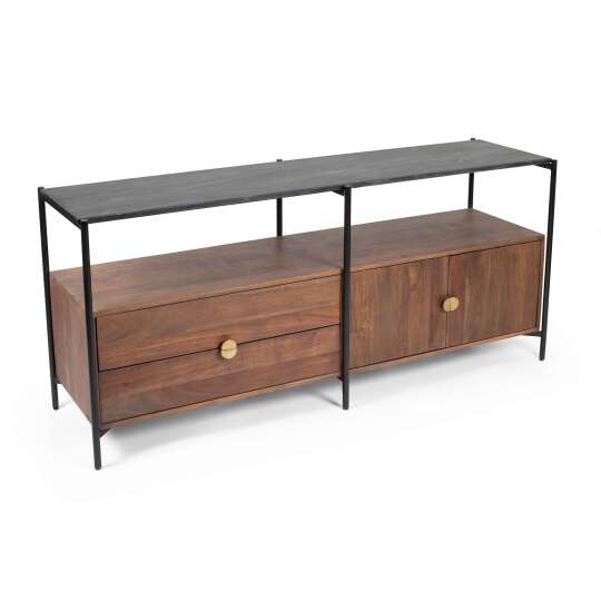 TV-Möbel aus Marmor mit Massiv-Akazien-Aufbewahrung, 152 cm