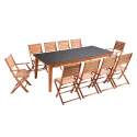 Rechteckiger ausziehbarer Gartentisch mit 8 klappbaren Stühlen und 2 Armlehnenstühlen aus FSC®-zertifiziertem Eukalyptusholz