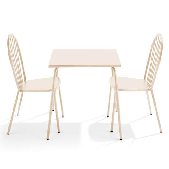 Gartentisch im Bistro-Stil, quadratisch, aus Metall, 70x70 cm, und 2 Stühle | Oviala