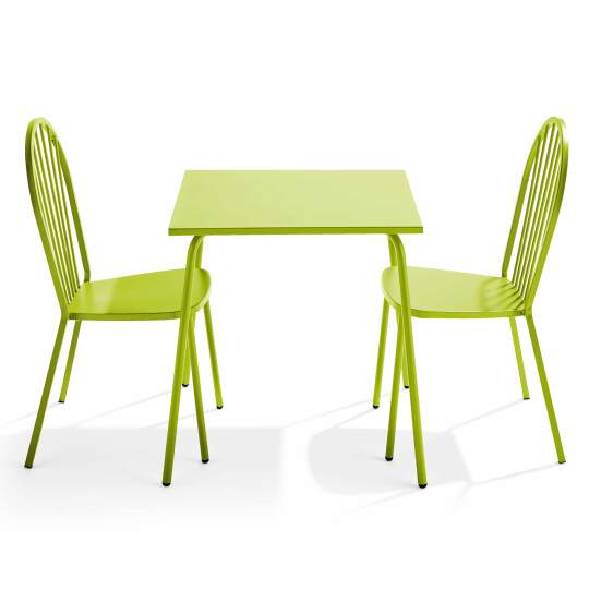 Quadratischer Gartentisch 70 x 70 cm und 2 Metallstühle