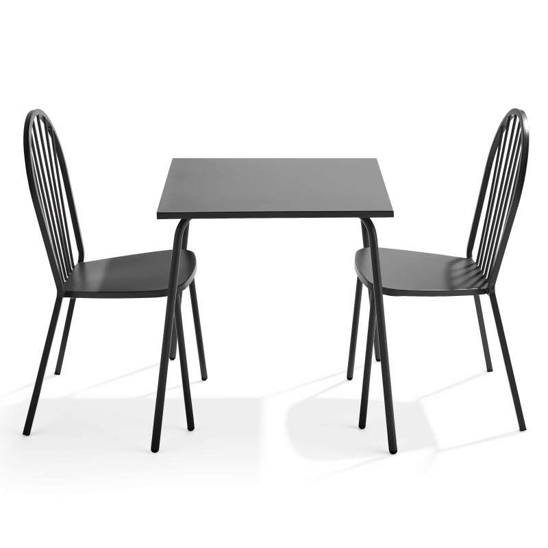 Quadratischer Gartentisch 70 x 70 cm und 2 Metallstühle 