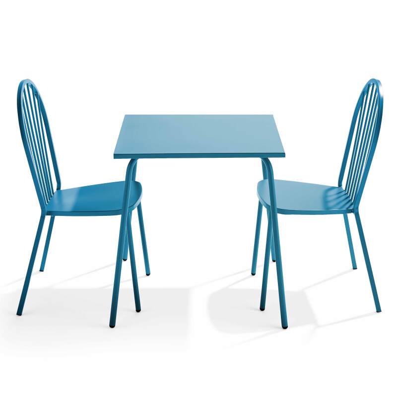 Quadratischer Gartentisch 70 x 70 cm und 2 Metallstühle 