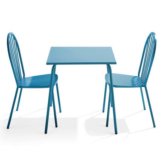 Quadratischer Gartentisch 70 x 70 cm und 2 Metallstühle
