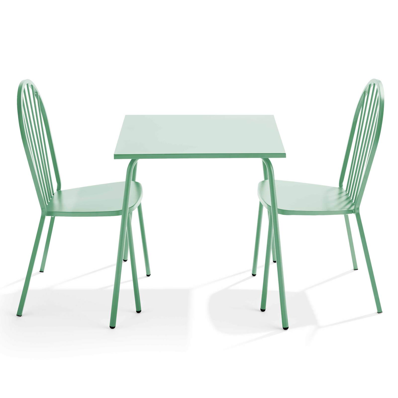Quadratischer Gartentisch 70 x 70 cm und 2 Metallstühle 