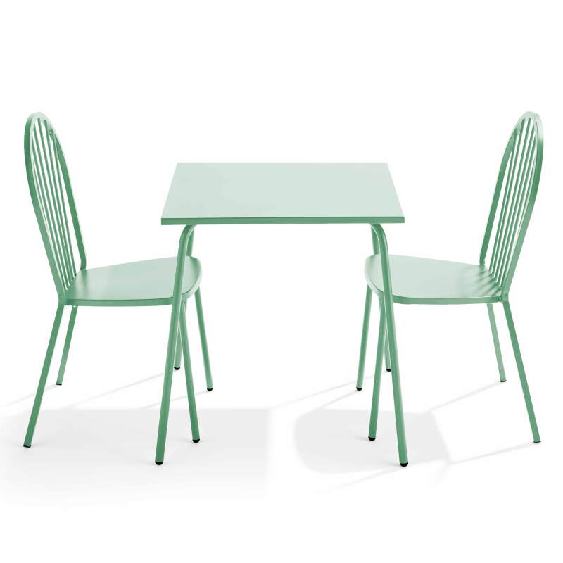 Quadratischer Gartentisch 70 x 70 cm und 2 Metallstühle 