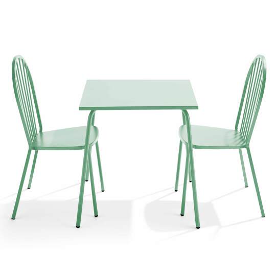Quadratischer Gartentisch 70 x 70 cm und 2 Metallstühle