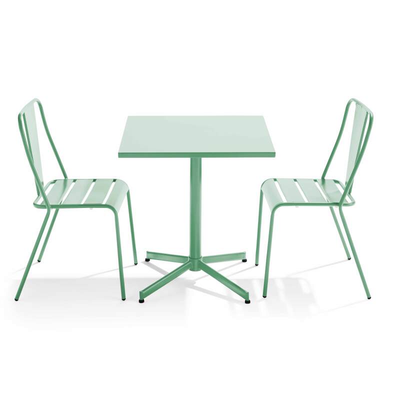 Quadratischer, klappbarer Bistrot-Gartentisch mit einer Größe von 70 x 70 cm und 2 Metallstühlen 