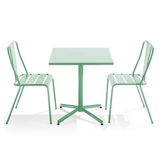 Quadratischer, klappbarer Bistrot-Gartentisch mit einer Größe von 70 x 70 cm und 2 Metallstühlen