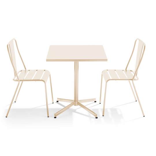 Gartentisch im Bistro-Stil, quadratisch, neigbar, aus Metall, 70x70 cm, und 2 Stühle | Oviala