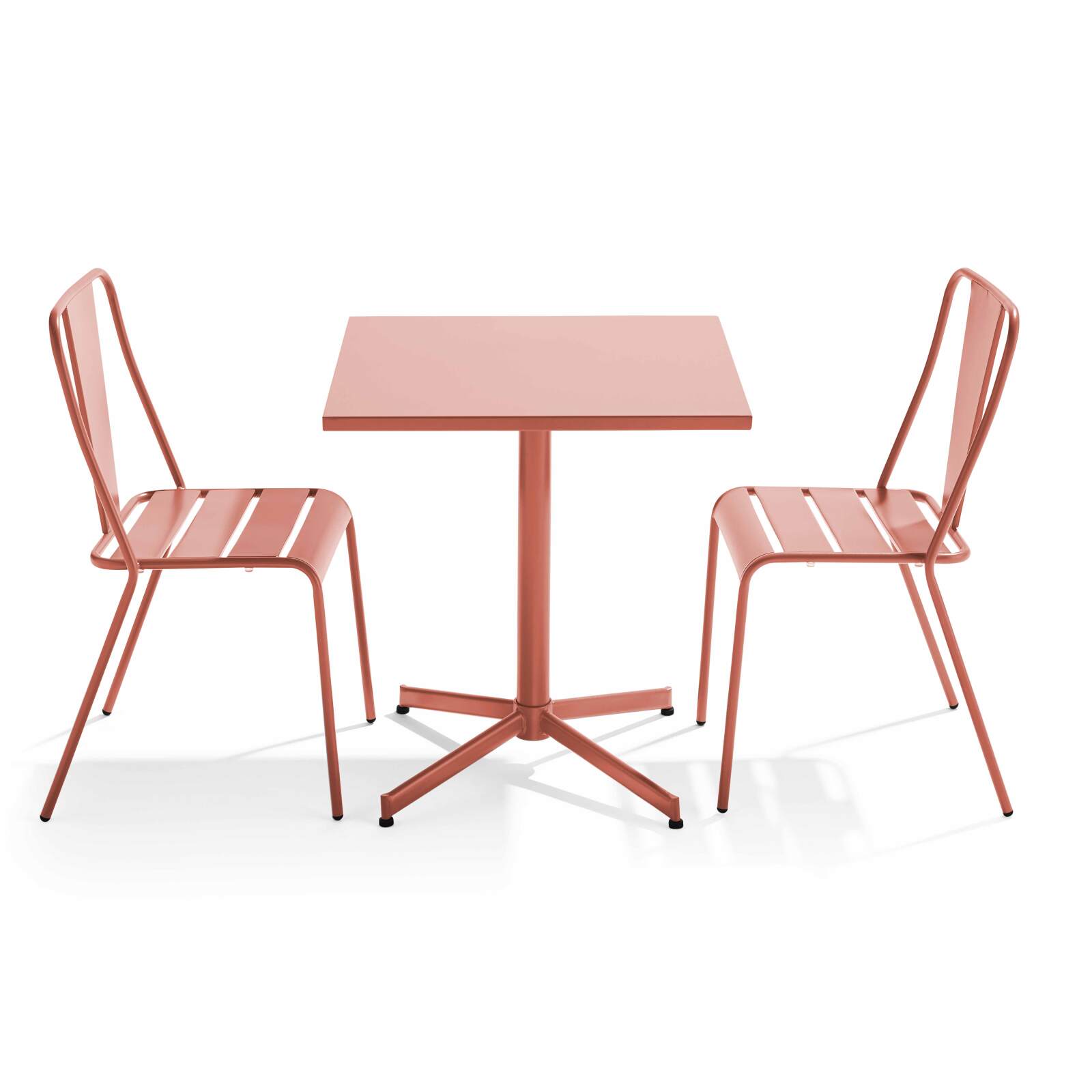 Quadratischer, klappbarer Bistrot-Gartentisch mit einer Größe von 70 x 70 cm und 2 Metallstühlen 