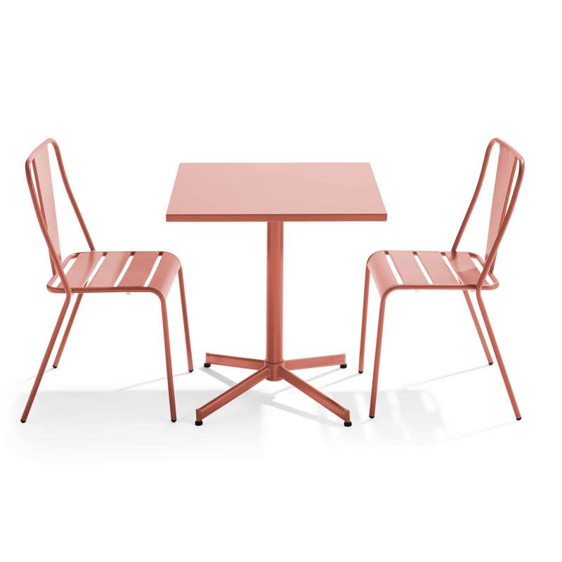 Quadratischer, klappbarer Bistrot-Gartentisch mit einer Größe von 70 x 70 cm und 2 Metallstühlen 