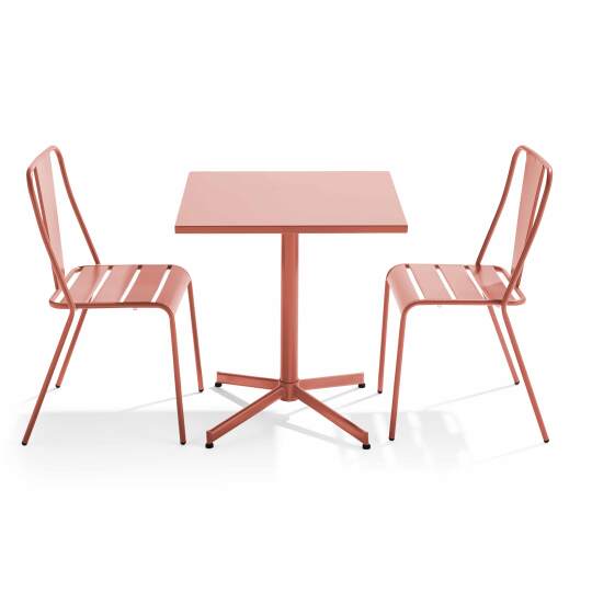 Quadratischer, klappbarer Bistrot-Gartentisch mit einer Größe von 70 x 70 cm und 2 Metallstühlen 