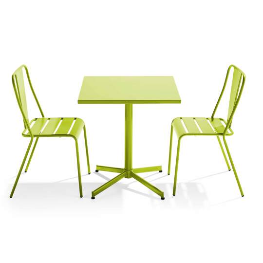 Gartentisch im Bistro-Stil, quadratisch, neigbar, aus Metall, 70x70 cm, und 2 Stühle | Oviala