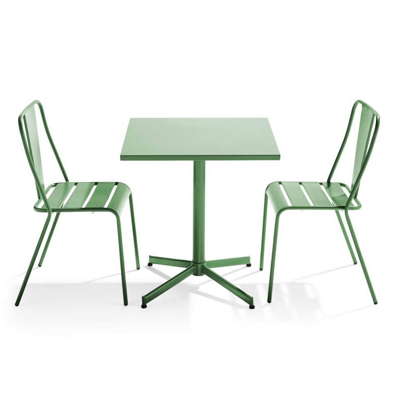 Quadratischer, klappbarer Bistrot-Gartentisch mit einer Größe von 70 x 70 cm und 2 Metallstühlen 