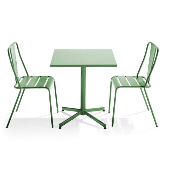 Quadratischer, klappbarer Bistrot-Gartentisch mit einer Größe von 70 x 70 cm und 2 Metallstühlen