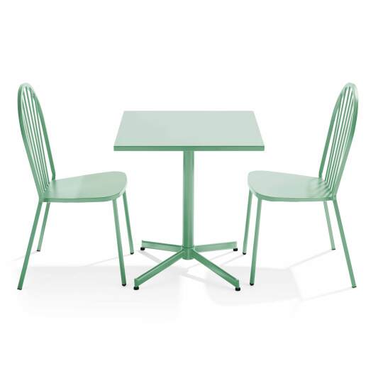 Gartentisch im Bistro-Stil, quadratisch, neigbar, aus Metall, 70x70 cm, und 2 Stühle | Oviala