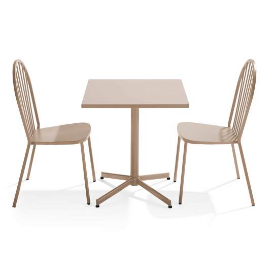 Gartentisch im Bistro-Stil, quadratisch, neigbar, aus Metall, 70x70 cm, und 2 Stühle | Oviala