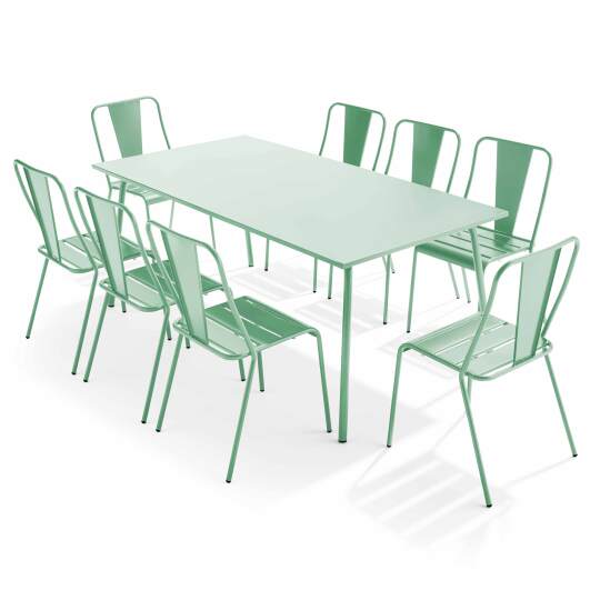 Rechteckiger Gartentisch 180 x 90 und 8 Bistrostühle aus Metall