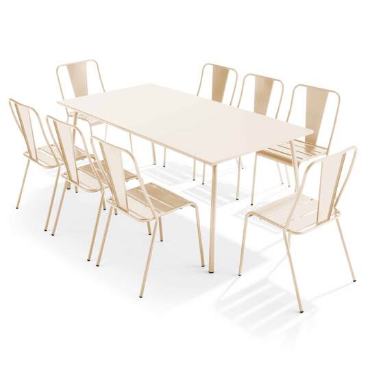 Rechteckiger Gartentisch 180 x 90 und 8 Bistrostühle aus Metall