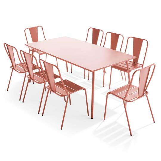 Rechteckiger Gartentisch 180 x 90 und 8 Bistrostühle aus Metall