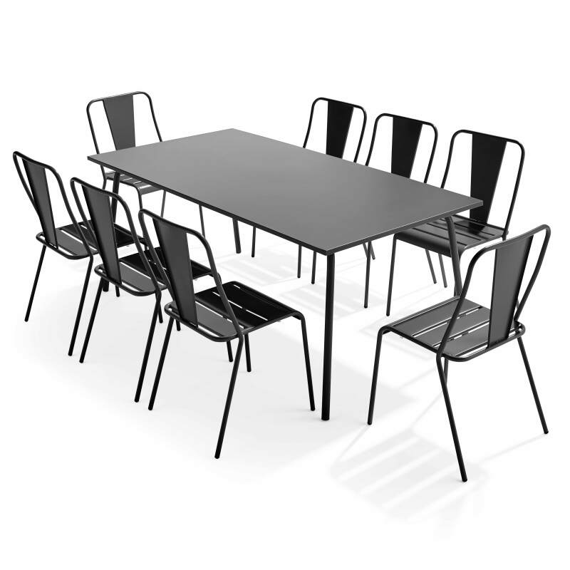 Rechteckiger Gartentisch 180 x 90 und 8 Bistrostühle aus Metall