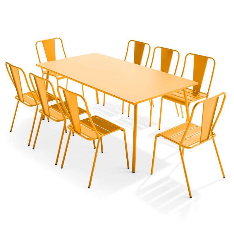 Rechteckiger Gartentisch 180 x 90 und 8 Bistrostühle aus Metall 