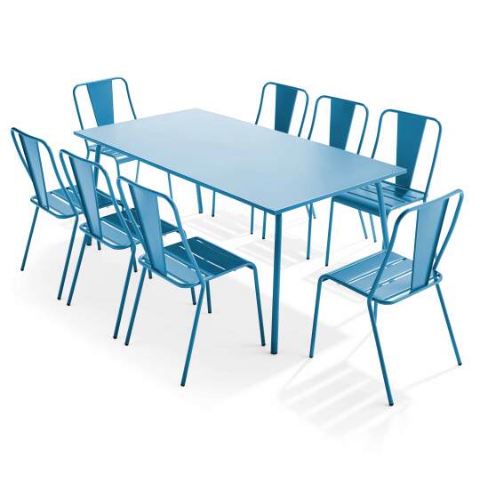 Rechteckiger Gartentisch 180 x 90 und 8 Bistrostühle aus Metall