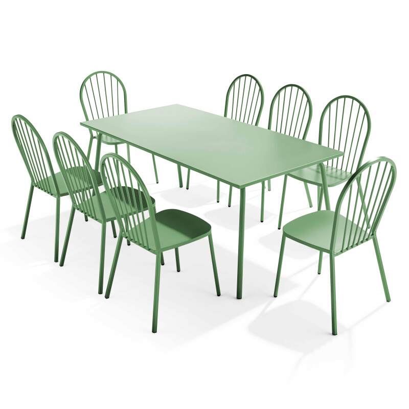 Rechteckiger Gartentisch 180 x 90cm und 8 Bistrostühle aus Metall