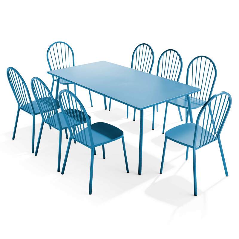 Rechteckiger Gartentisch 180 x 90cm und 8 Bistrostühle aus Metall 