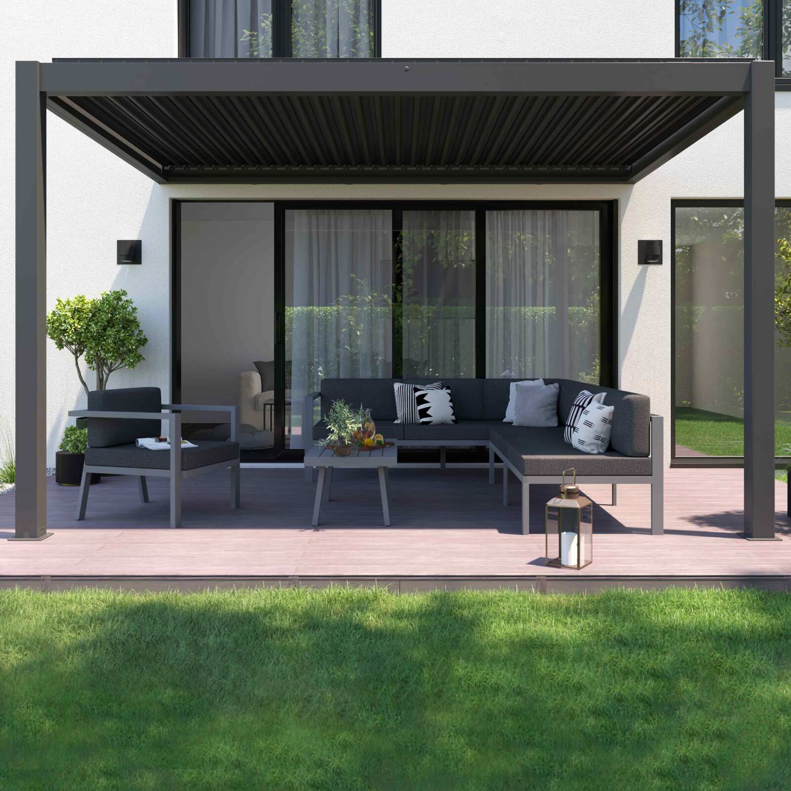 Motorisierte Aluminium-Bioklima-Pergola mit LED-Beleuchtung, 3x4m, an der Wand befestigt 