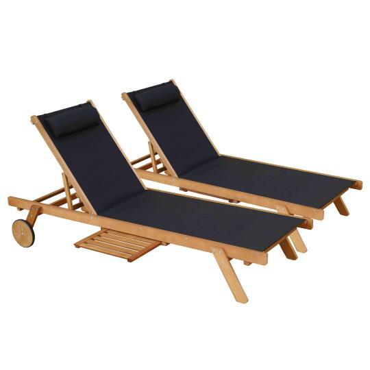 Set aus 2 Sonnenliegestühlen mit Kissen und Tablett + 5 Positionen aus FSC®-zertifiziertem Eukalyptusholz 