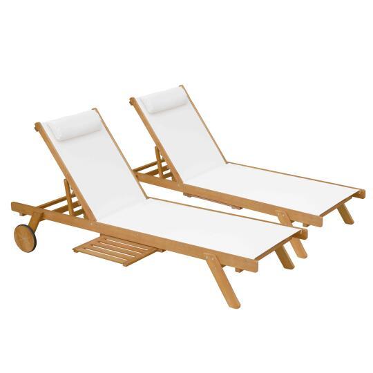 Set aus 2 Sonnenliegestühlen mit Kissen und Tablett + 5 Positionen aus FSC®-zertifiziertem Eukalyptusholz