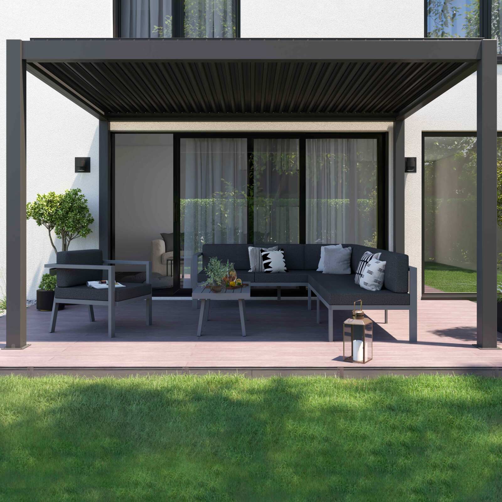 Motorisierte / beleuchtete freistehende bioklimatische Pergola aus Aluminium mit 3x4m und 1, 2 oder 3 Markisen