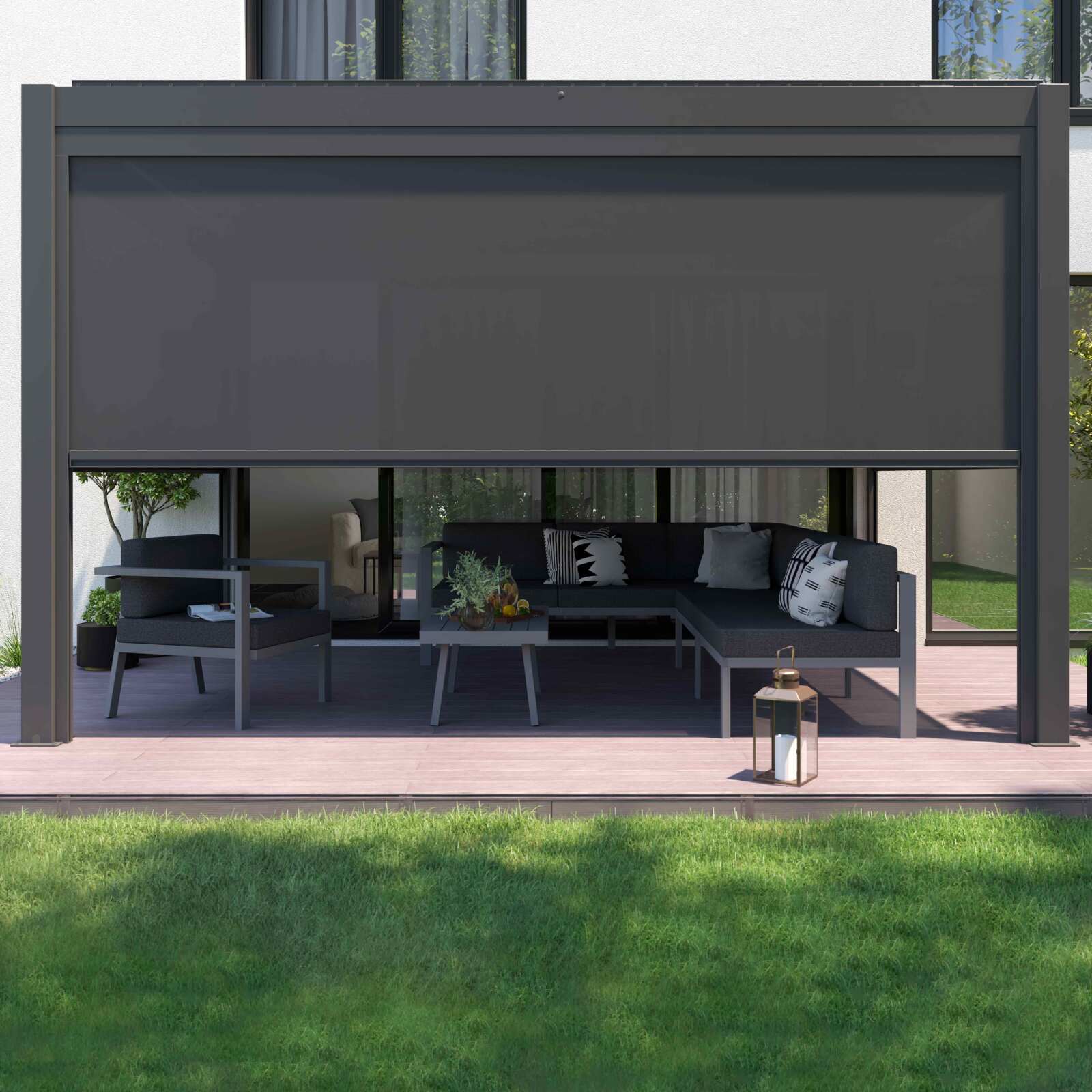 Motorisierte / beleuchtete angelehnte Pergola aus Aluminium 3x4m mit 1, 2 oder 3 Markisen