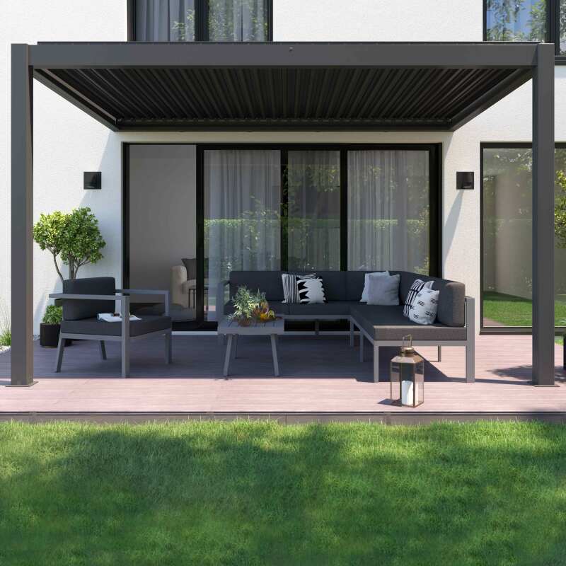 Motorisierte / beleuchtete angelehnte Pergola aus Aluminium 3x4m mit 1, 2 oder 3 Markisen