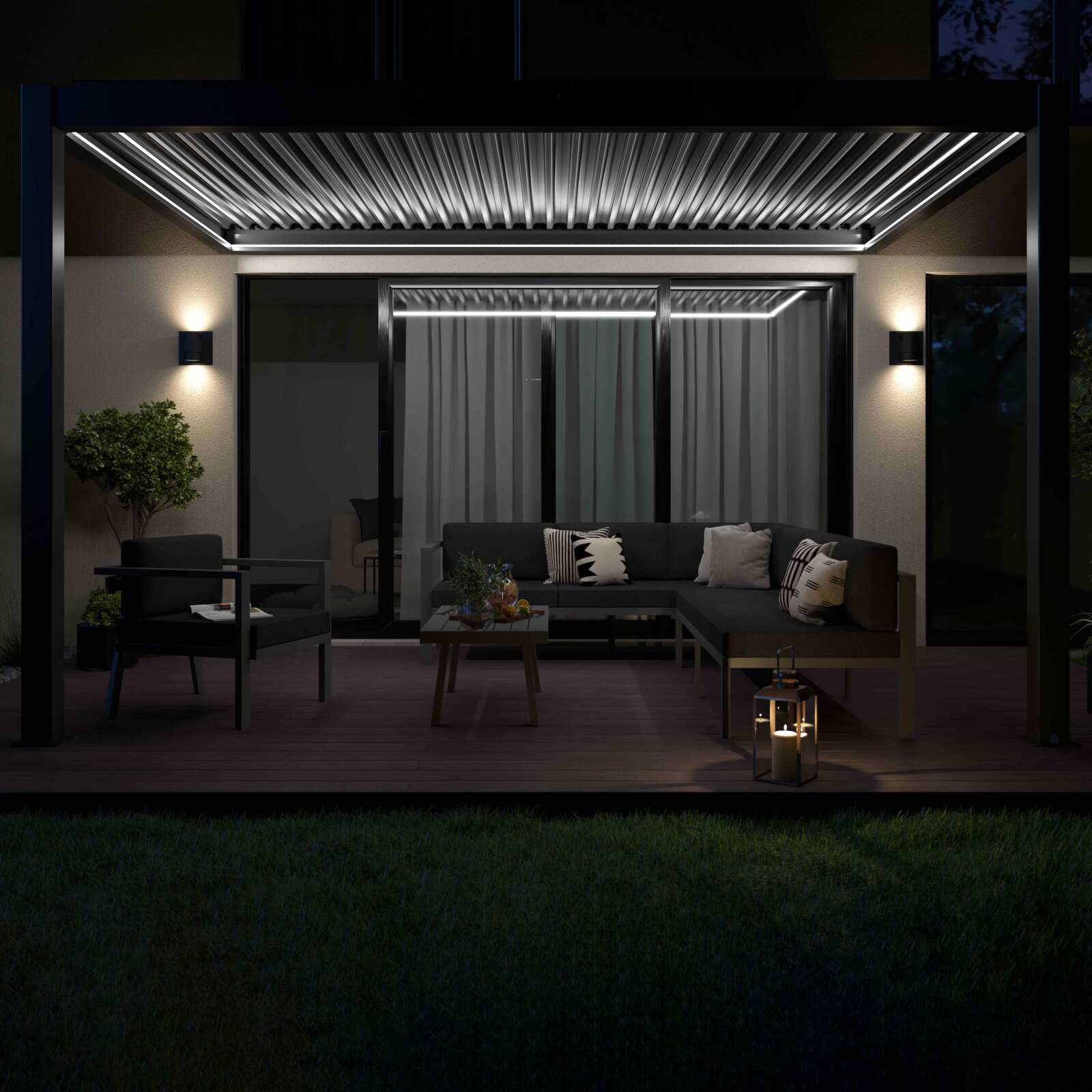 Motorisierte / beleuchtete angelehnte Pergola aus Aluminium 3x4m mit 1, 2 oder 3 Markisen