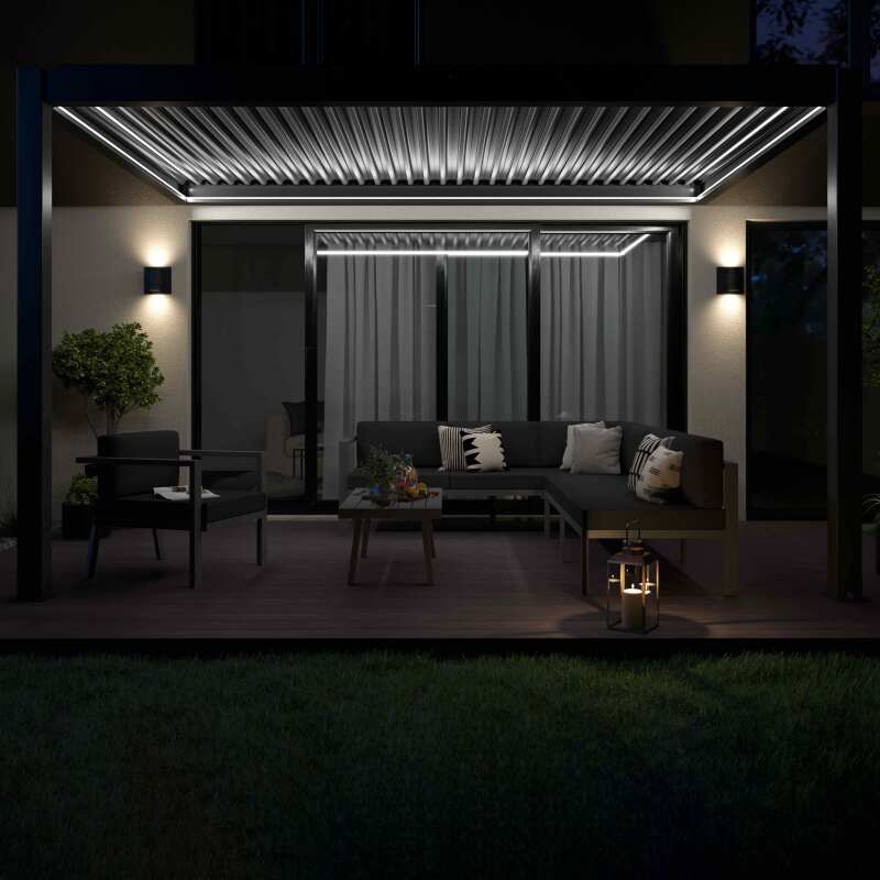 Motorisierte / beleuchtete angelehnte Pergola aus Aluminium 3x4m mit 1, 2 oder 3 Markisen