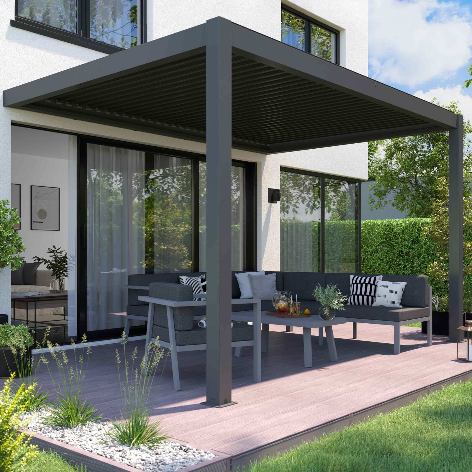 Motorisierte / beleuchtete angelehnte Pergola aus Aluminium 3x4m mit 1, 2 oder 3 Markisen